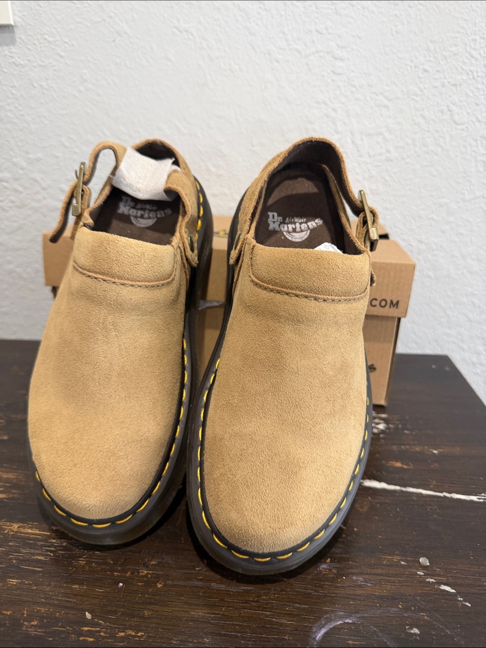 Dr. Martens Tan Suede Slip-On Clogs with Yellow Stitching
